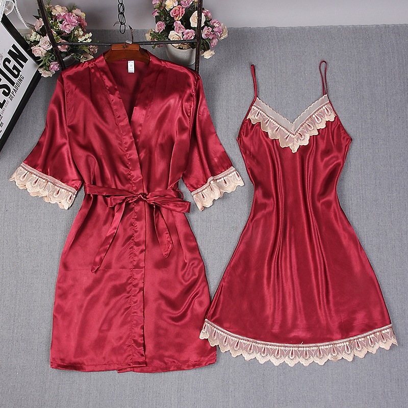 Lace Trim Cami - Women Satin Robe Pure Color Bride