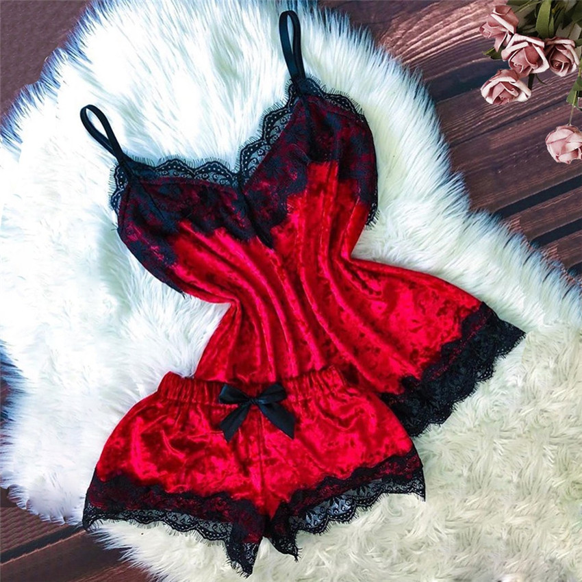 Lace Trim Cami - Summer Pyjamas Women Velvet Bow Sleepwear