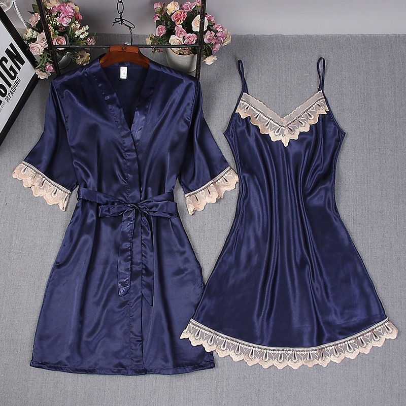 Women Satin Robe Pure Color Br - Lace Trim Cami recension och pris