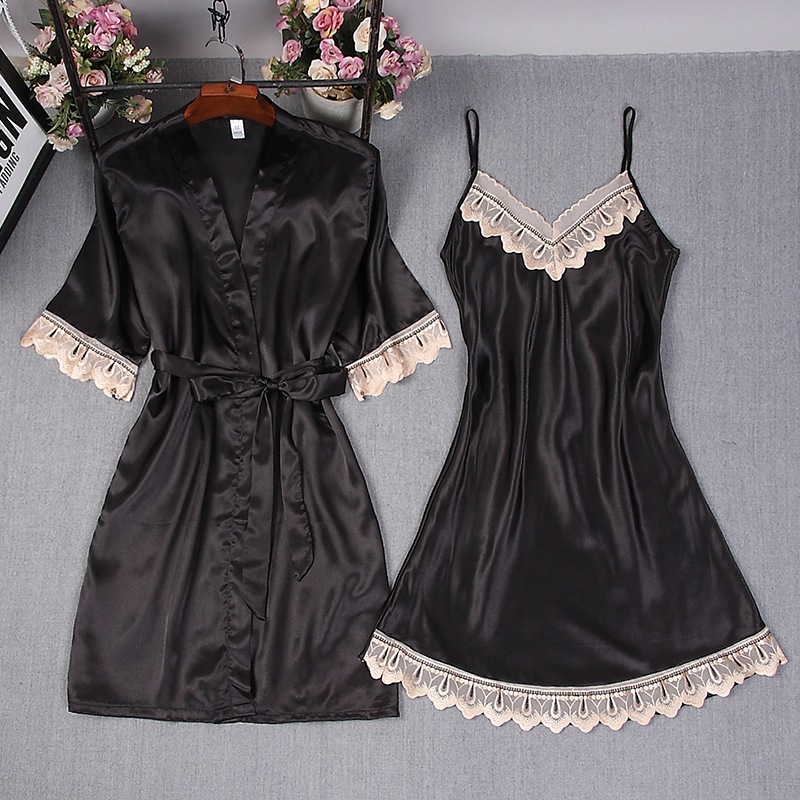 Women Satin Robe Pure Color Br - Lace Trim Cami recension och pris