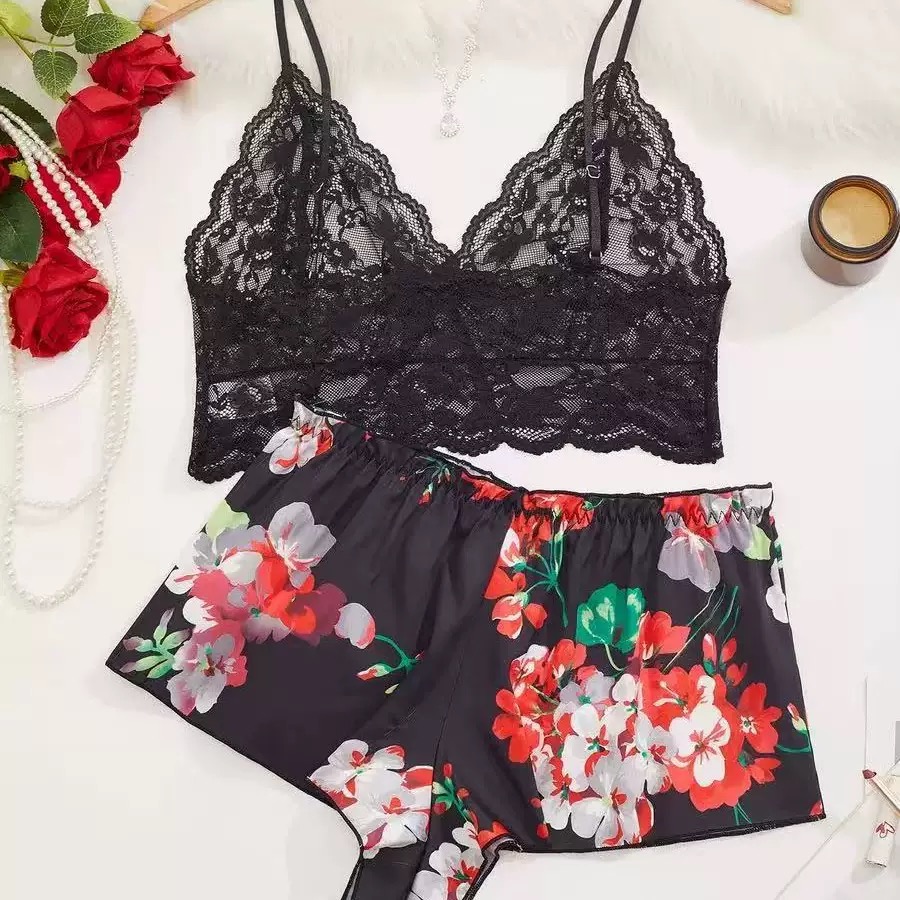 Women Floral Print 2 Piece Paj - Lace Trim Cami recension och pris