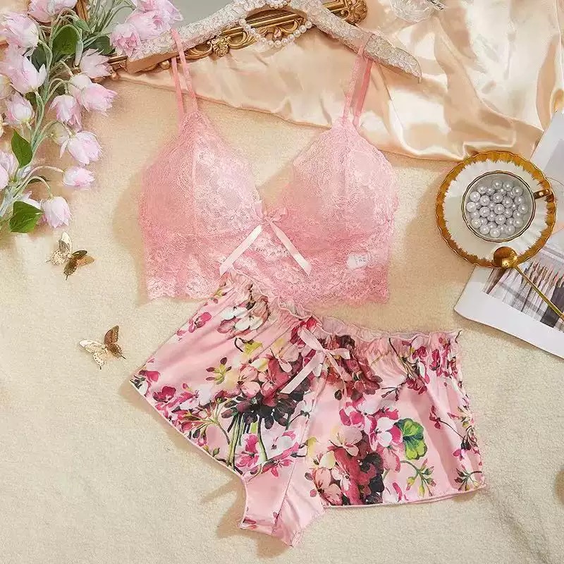 Women Floral Print 2 Piece Paj - Lace Trim Cami recension och pris