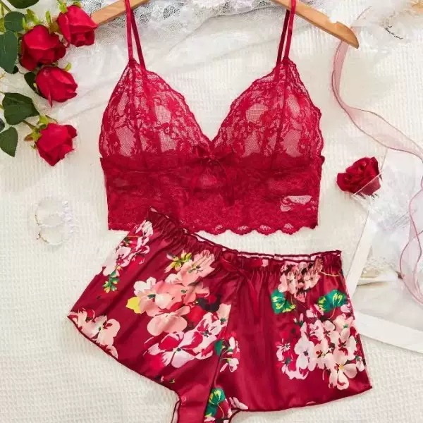 Women Floral Print 2 Piece Paj - Lace Trim Cami recension och pris